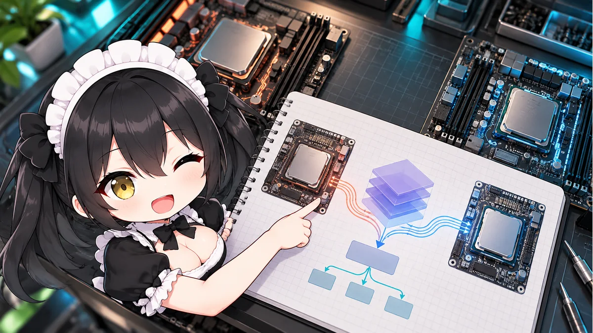 異なるCPU基板と共通のソフトウェア資料を確認するミオ。公式ロゴや性能測定ではない概念イラスト。