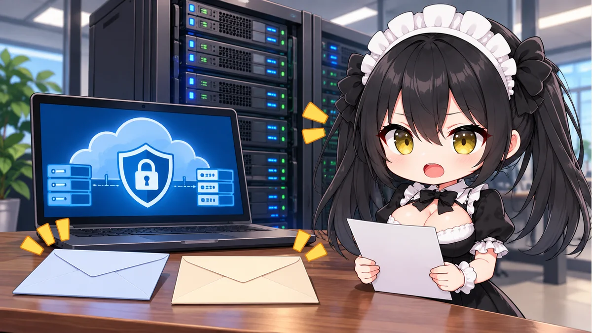 クラウドを象徴する機器と二つの封筒、告知を確認するミオ。実際の取引画面や公式通知ではありません。