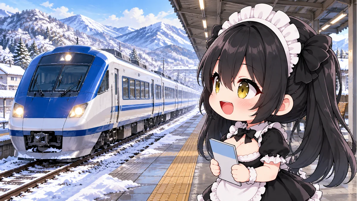 冬の駅で時刻表を確認するミオと列車。今後の冬の旅行を表すイメージで、特定の運転列車・車種や22日の現場写真ではありません。