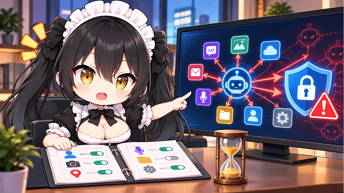 アプリの権限を象徴する画面を確認するミオ。実際の攻撃画面や操作手順、個人情報ではありません。