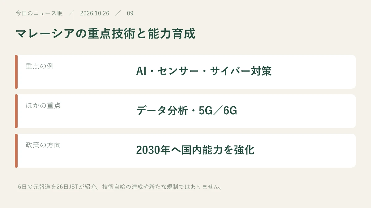 重点の例：AI・センサー・サイバー対策。ほかの重点：データ分析・5G／6G。政策の方向：2030年へ国内能力を強化
