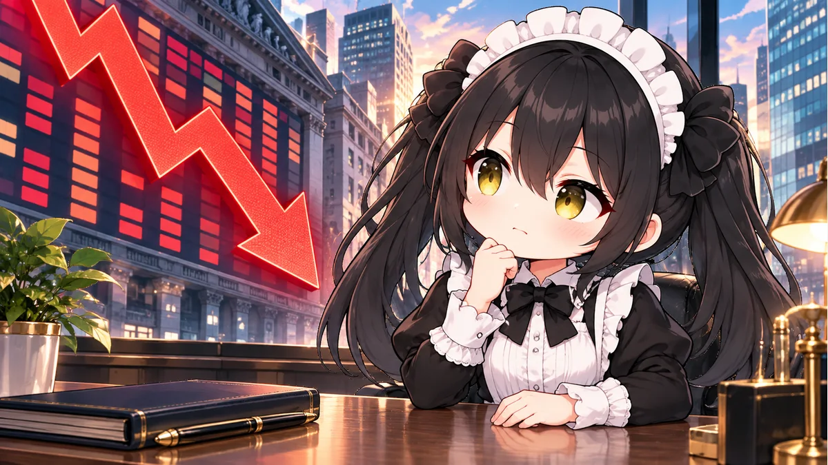 東京の金融街と下向きの矢印、相場を確認するミオのイメージイラスト。実際の価格推移を描くグラフではありません。