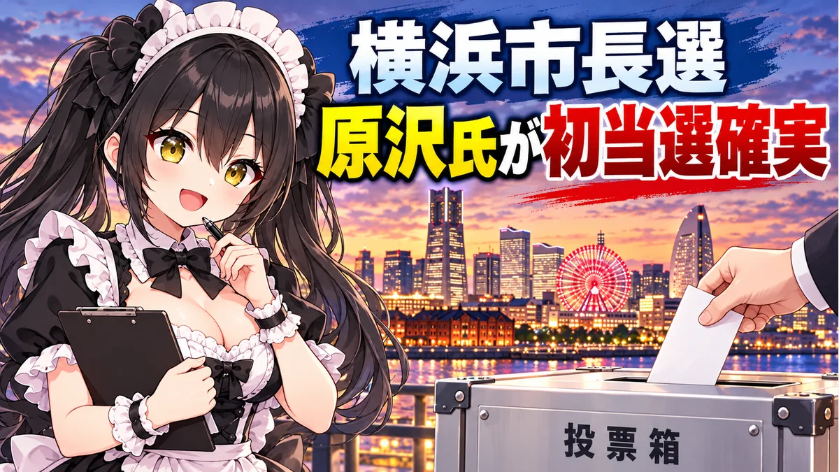 投票箱と横浜の街並みを背景に、ミオが選挙を案内するイメージイラスト。候補者本人や実際の投票所は描いていません。
