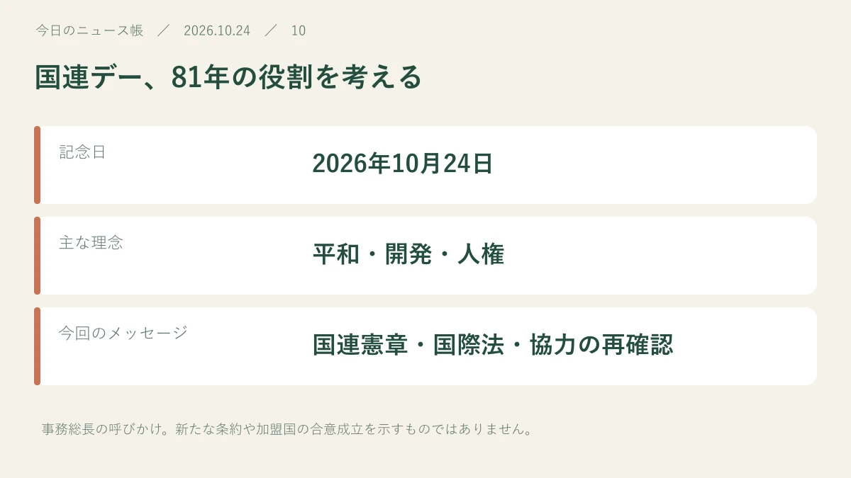 記念日:2026年10月24日。主な理念:平和・開発・人権。今回のメッセージ:国連憲章・国際法・協力の再確認
