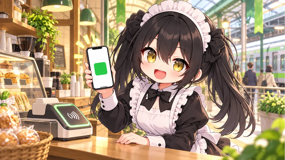 駅の商業施設でスマートフォンの決済を案内するミオ。画面は架空の記号で、実際のアプリや読み取り可能なコードではありません。