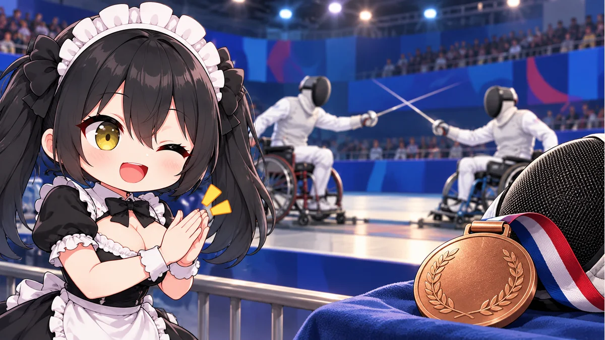 車いすフェンシングの試合を象徴する競技場と銅メダル、応援するミオ。実在の選手の肖像や試合写真ではありません。