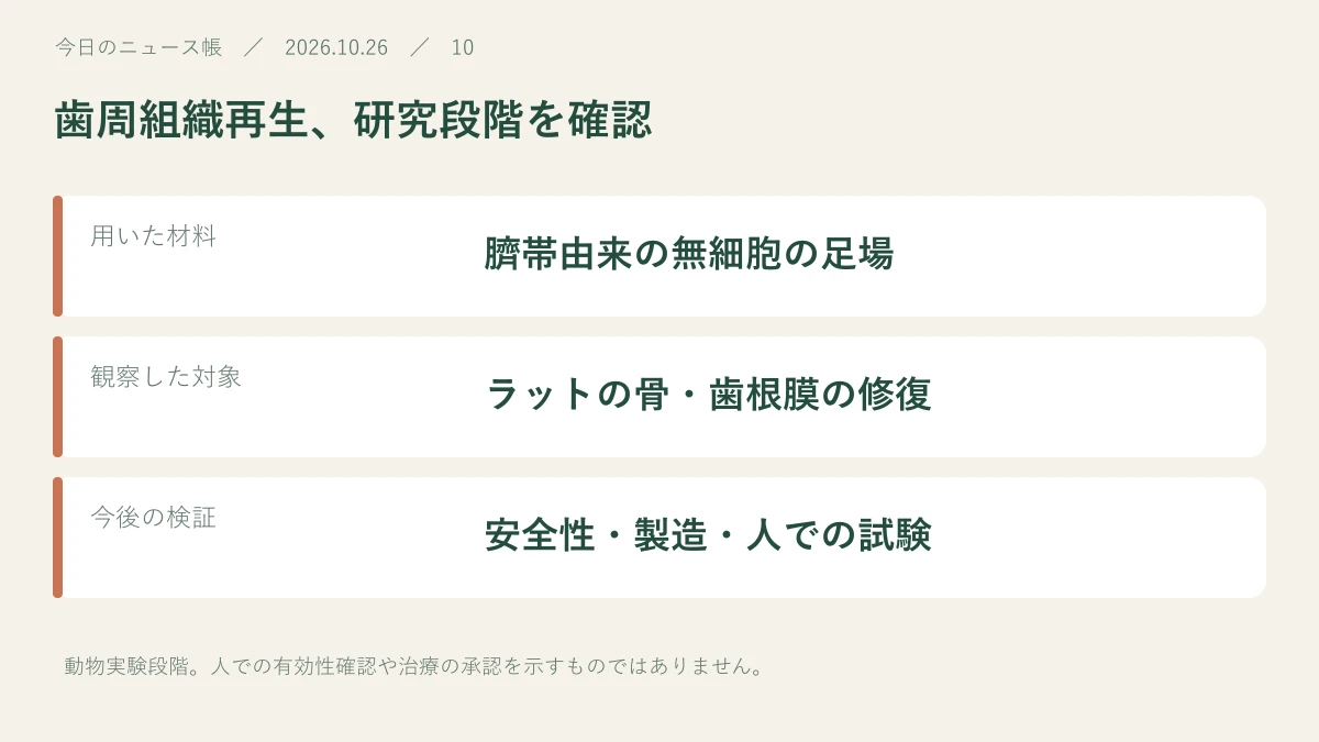 用いた材料：臍帯由来の無細胞の足場。観察した対象：ラットの骨・歯根膜の修復。今後の検証：安全性・製造・人での試験