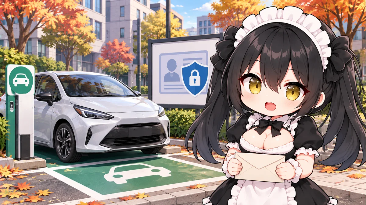 カーシェアを象徴する車と封筒を持つミオ、個人情報保護の記号。実際の被害情報や通知画面ではありません。