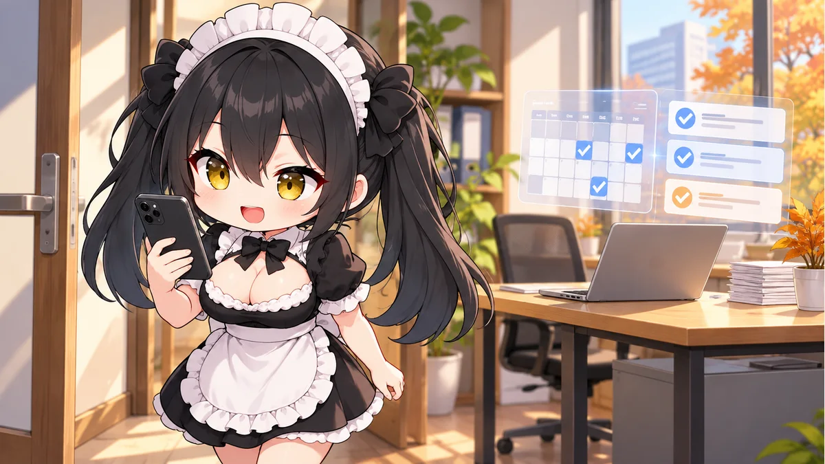 スマートフォンを確認しながら離席するミオと、机の上の仕事を象徴するカード。実際のClaude Duetの操作画面ではありません。